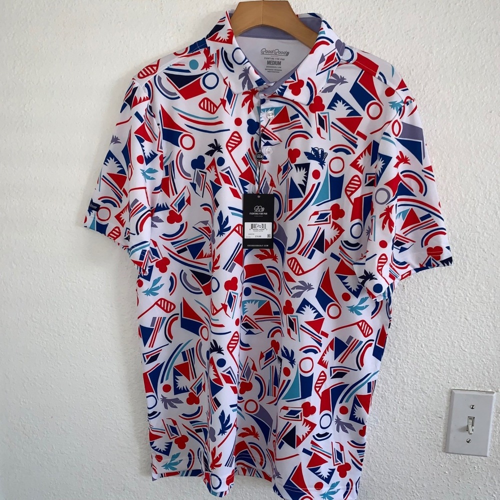 Good Good Fighting For Par Men Medium Golf Polo Red White Blue‎ Abstract - Picture 1 of 4